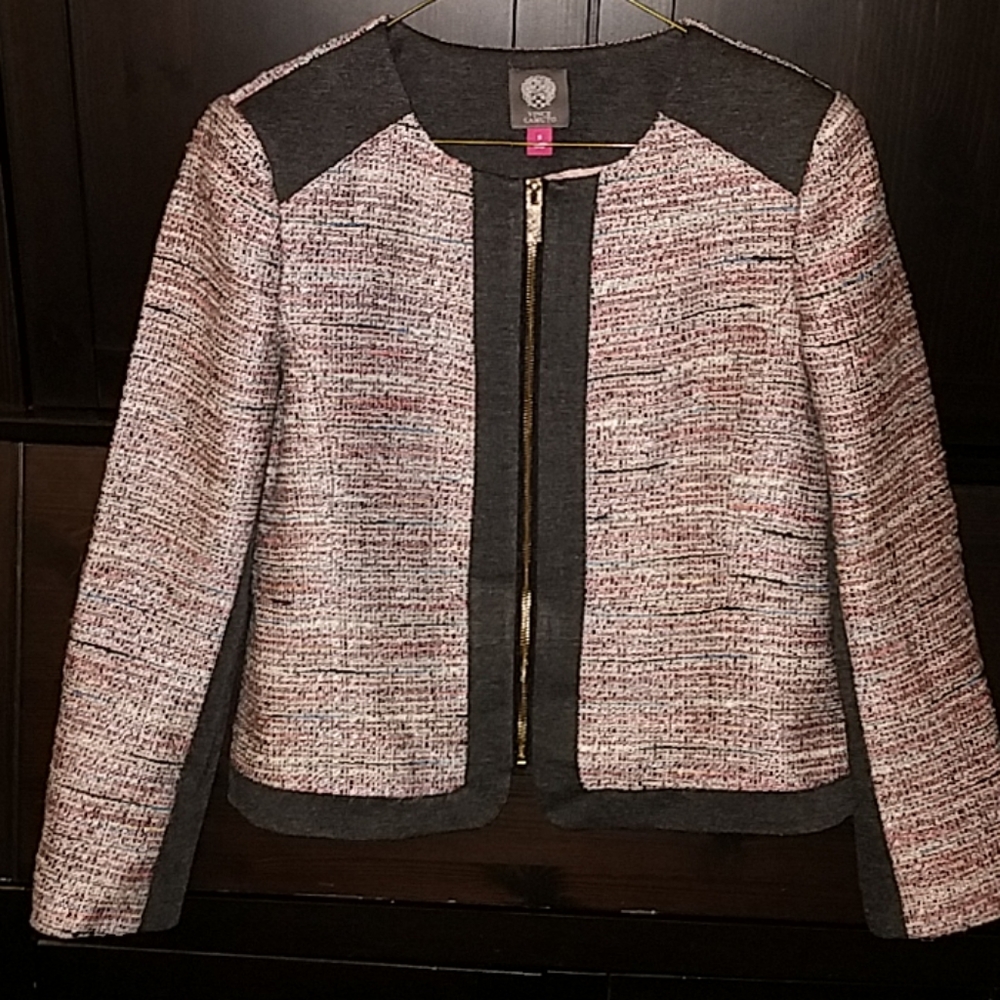 Vince Camuto front zip contrast trim tweed jacket